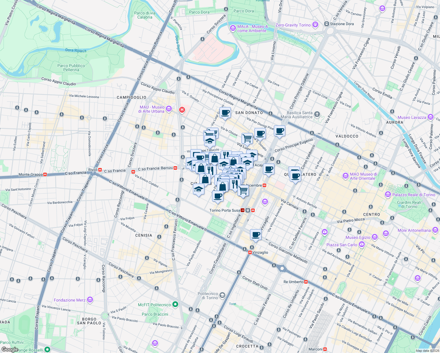 map of restaurants, bars, coffee shops, grocery stores, and more near 23 Via Vassalli Eandi in Torino