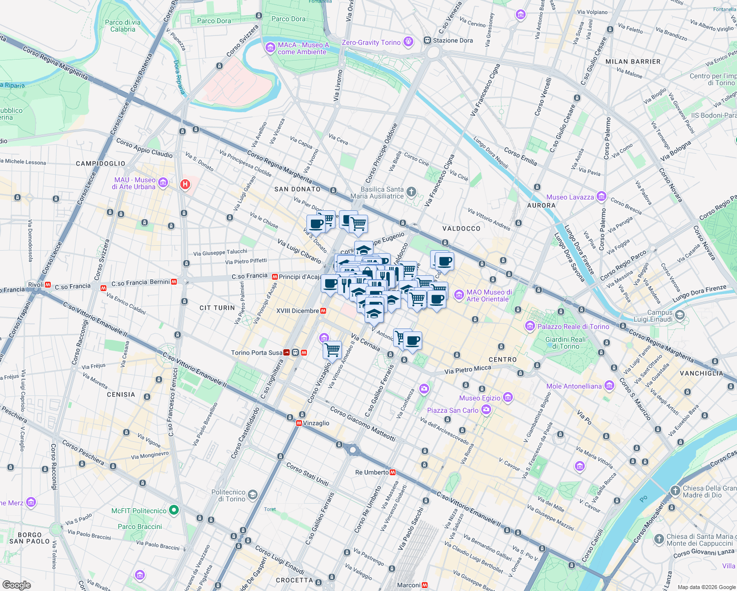 map of restaurants, bars, coffee shops, grocery stores, and more near 3 Via Alessandro Manzoni in Torino