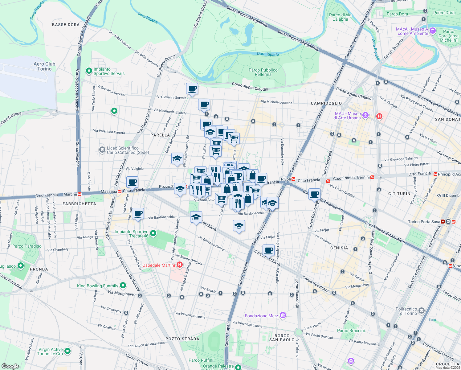 map of restaurants, bars, coffee shops, grocery stores, and more near 8 Corso Monte Cucco in Torino