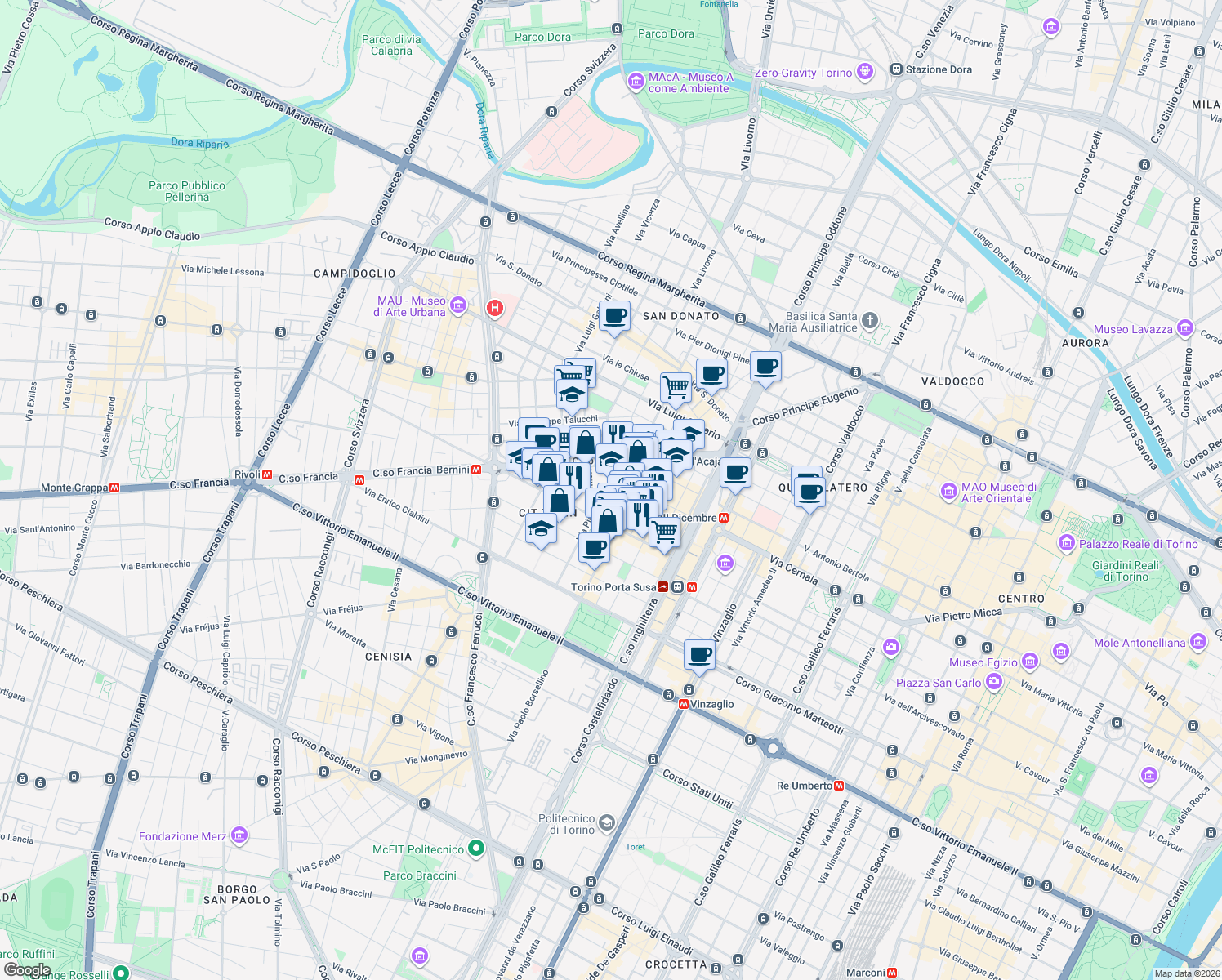 map of restaurants, bars, coffee shops, grocery stores, and more near 23 Via Abate Vassalli - Eandi in Torino