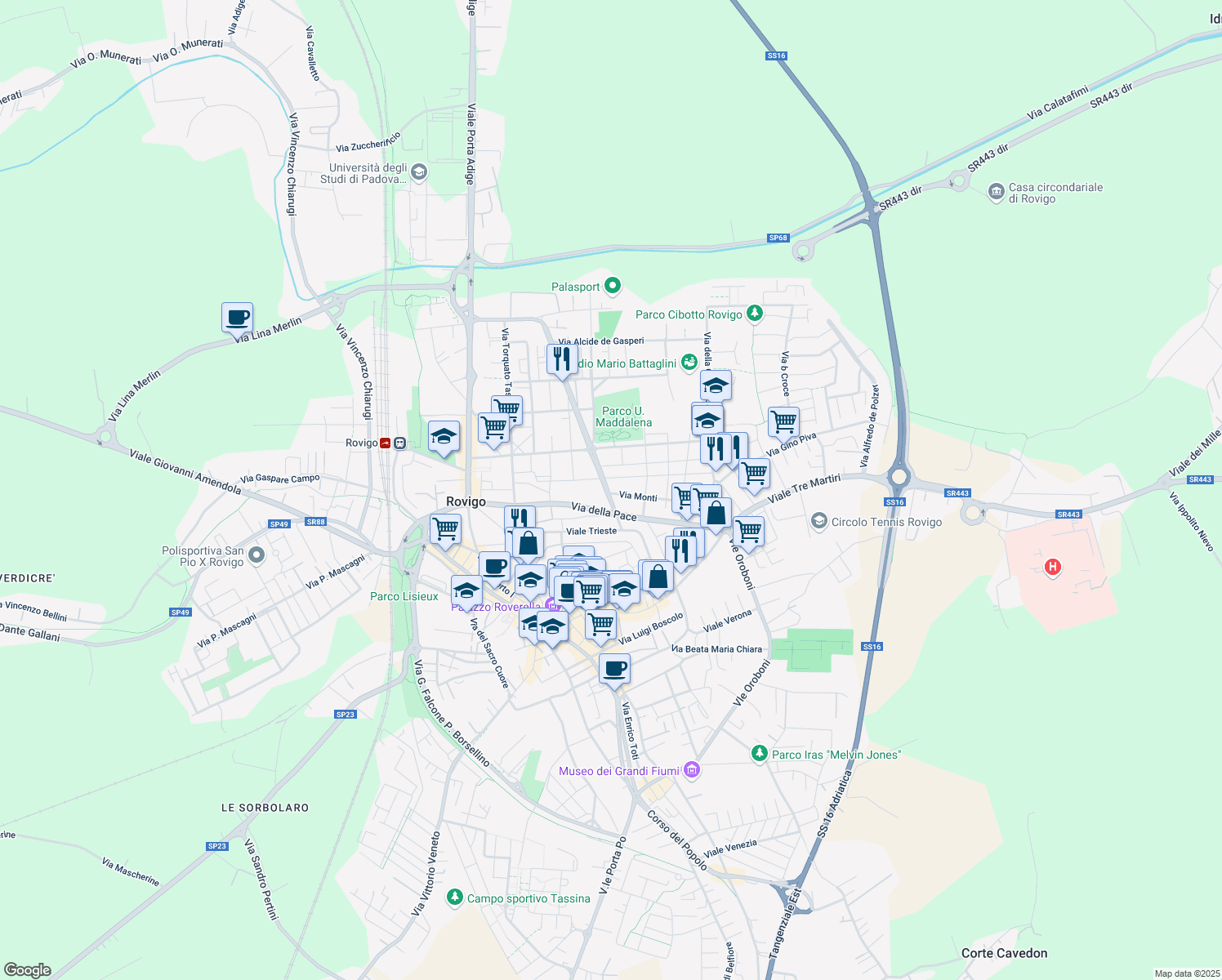 map of restaurants, bars, coffee shops, grocery stores, and more near 2 Via Monti Issicratea in Rovigo