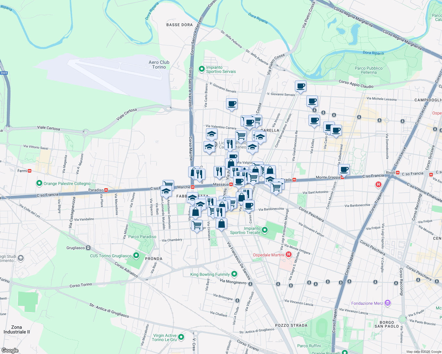 map of restaurants, bars, coffee shops, grocery stores, and more near 16-18 Piazza Massaua in Torino