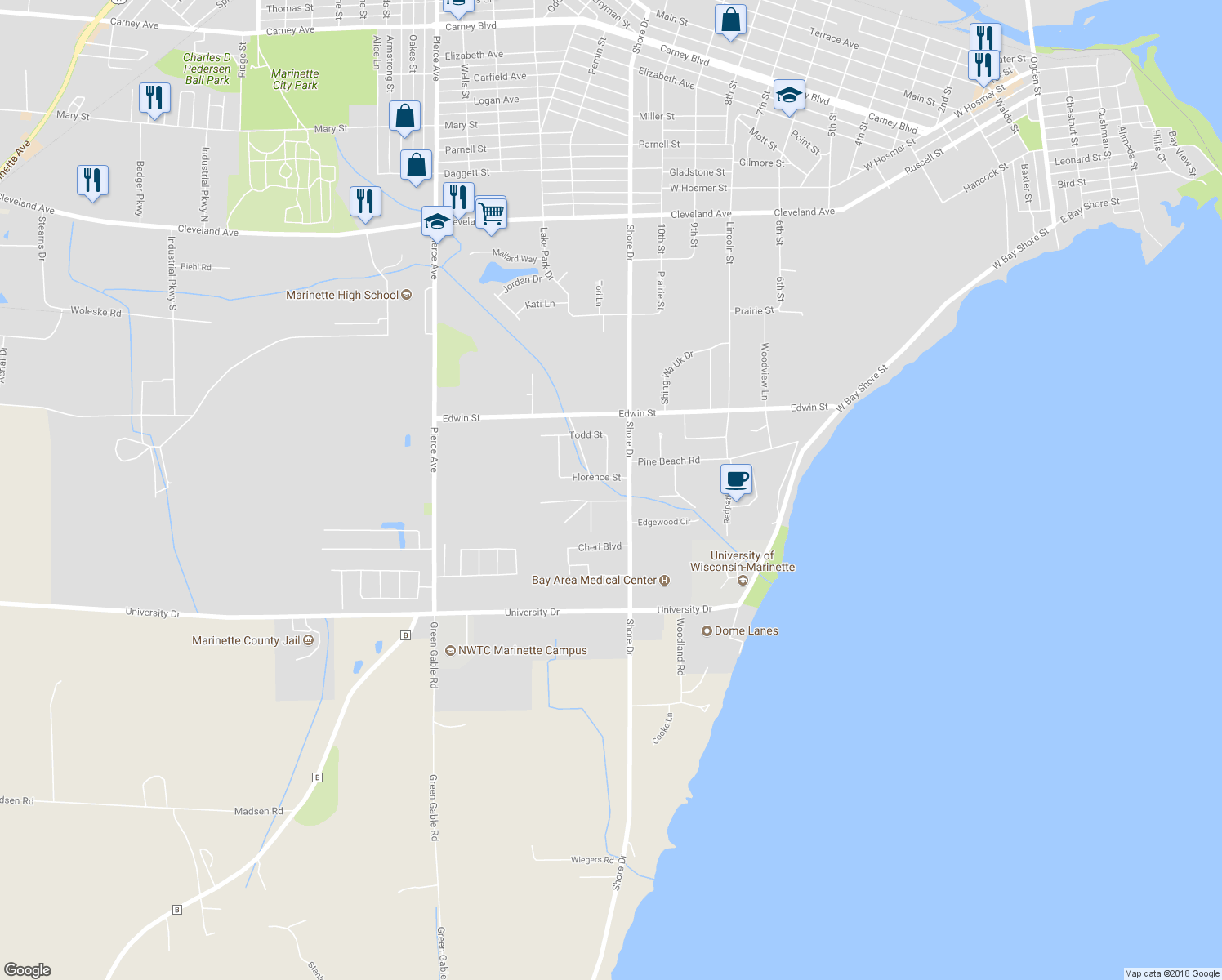 map of restaurants, bars, coffee shops, grocery stores, and more near 2813 Shore Drive in Marinette