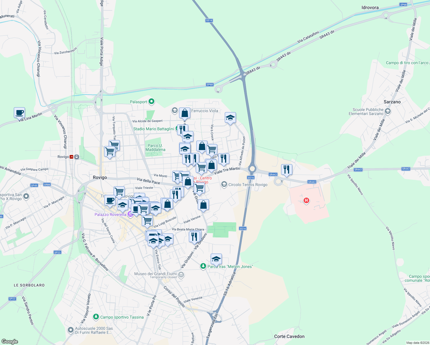 map of restaurants, bars, coffee shops, grocery stores, and more near 37 Viale Tre Martiri in Rovigo