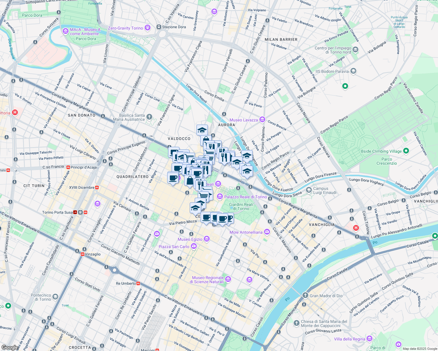 map of restaurants, bars, coffee shops, grocery stores, and more near 107 Corso Regina Margherita in Torino