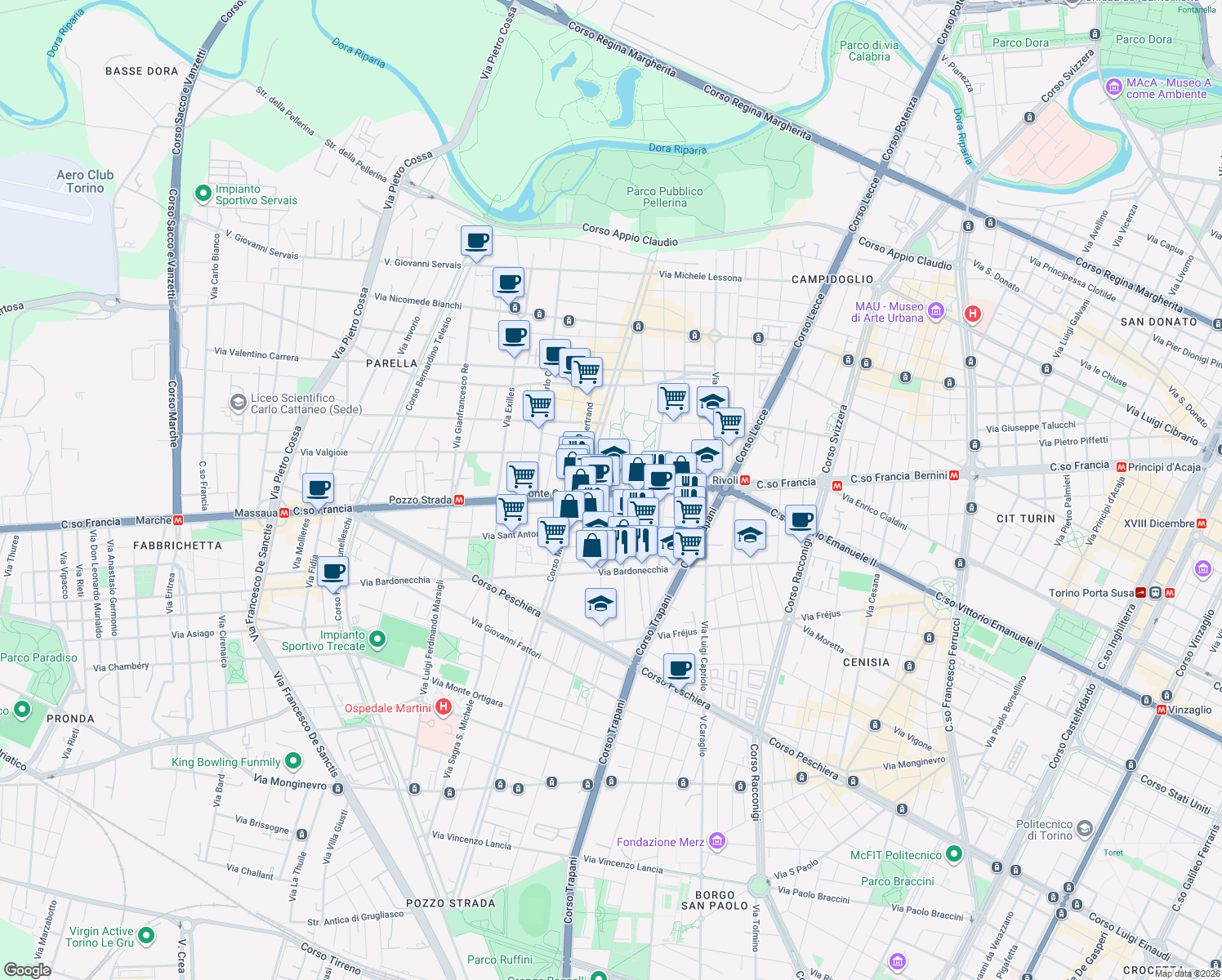 map of restaurants, bars, coffee shops, grocery stores, and more near 3 Via Beaulard in Torino