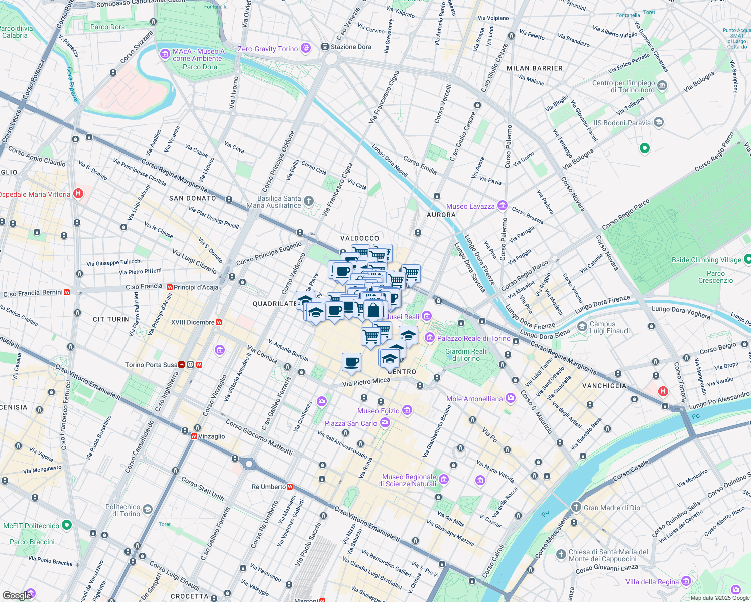 map of restaurants, bars, coffee shops, grocery stores, and more near 1 Via Santa Chiara in Torino