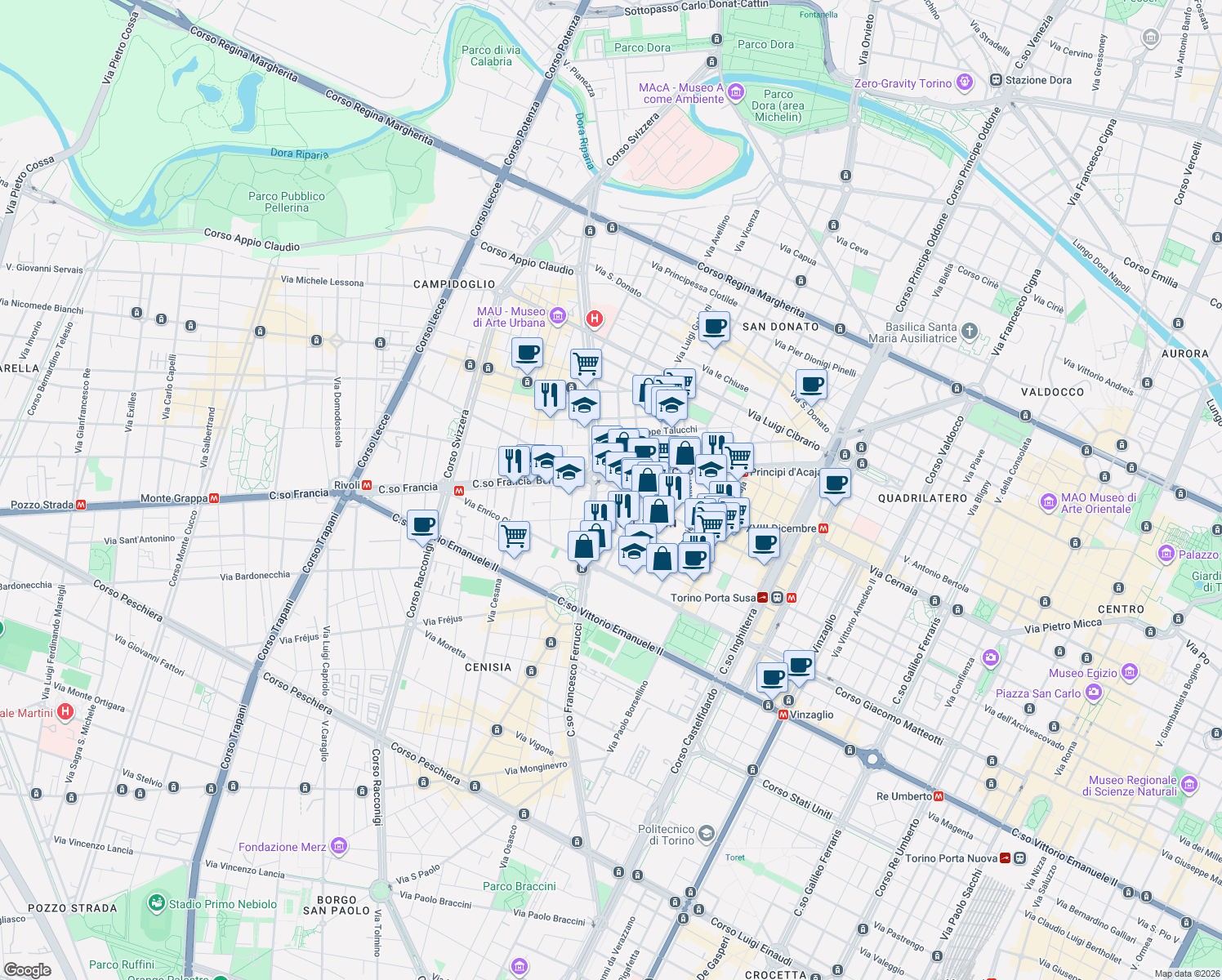 map of restaurants, bars, coffee shops, grocery stores, and more near 54 Via Susa in Torino