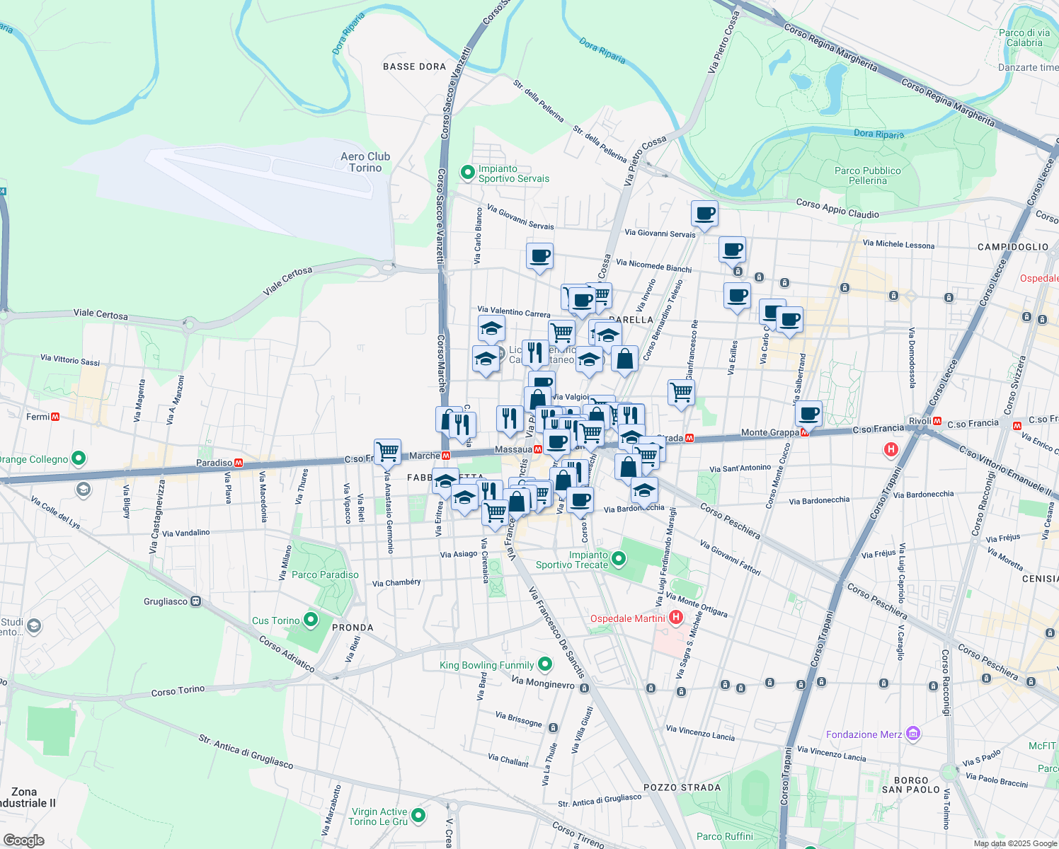 map of restaurants, bars, coffee shops, grocery stores, and more near 4 Piazza Massaua in Torino