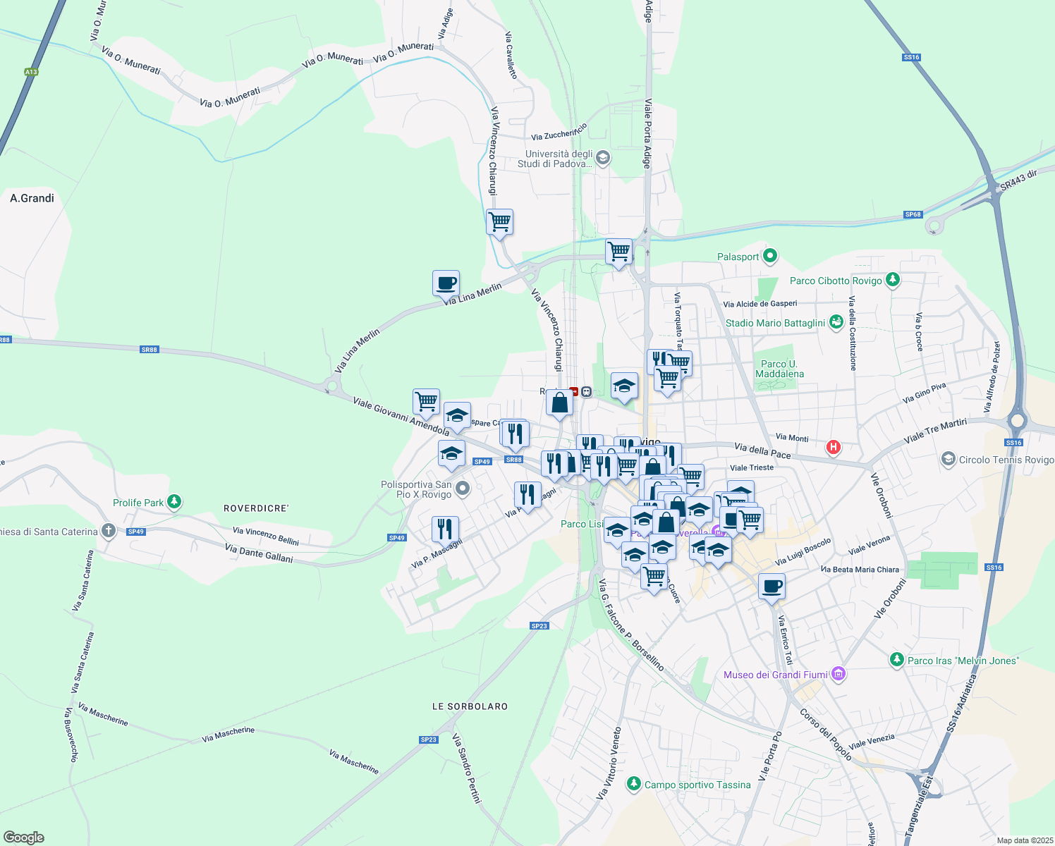 map of restaurants, bars, coffee shops, grocery stores, and more near 47 Via Gaspare Campo in Rovigo