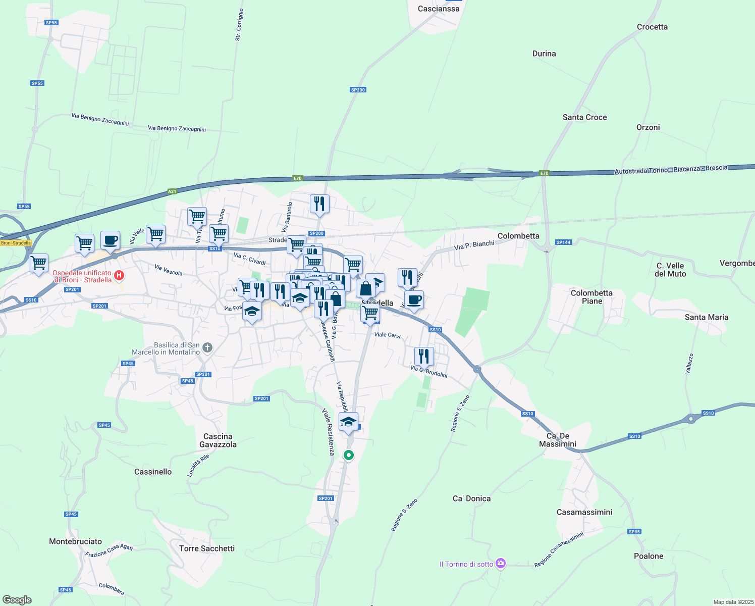 map of restaurants, bars, coffee shops, grocery stores, and more near 12 Via Giuseppe di Vittorio in Stradella