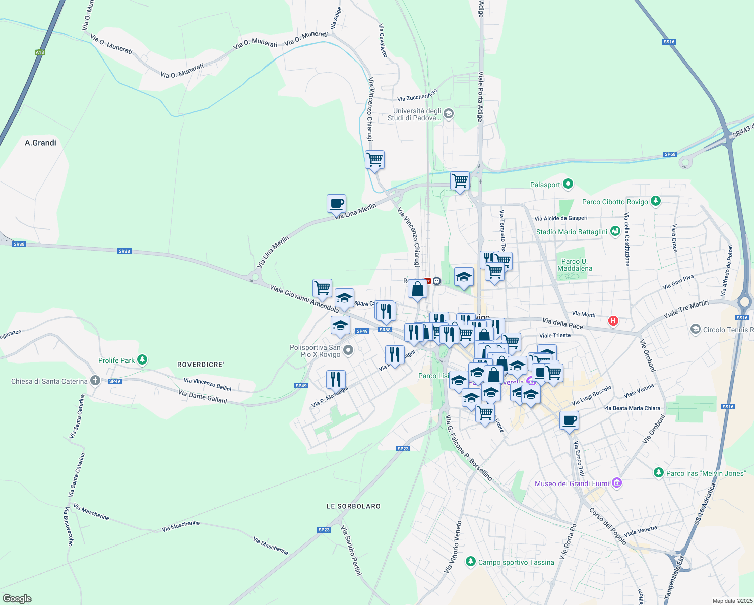 map of restaurants, bars, coffee shops, grocery stores, and more near 4 Via Luigi Galvani in Rovigo