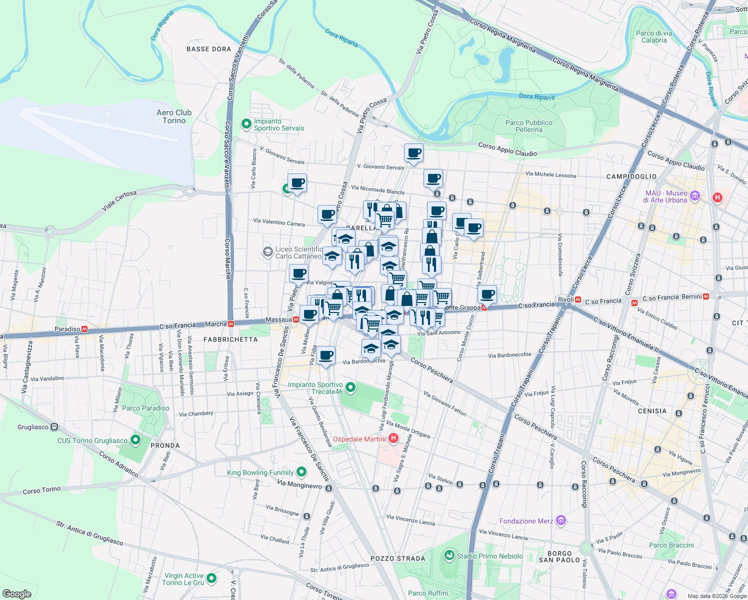 map of restaurants, bars, coffee shops, grocery stores, and more near Piazza del Monastero in Turin