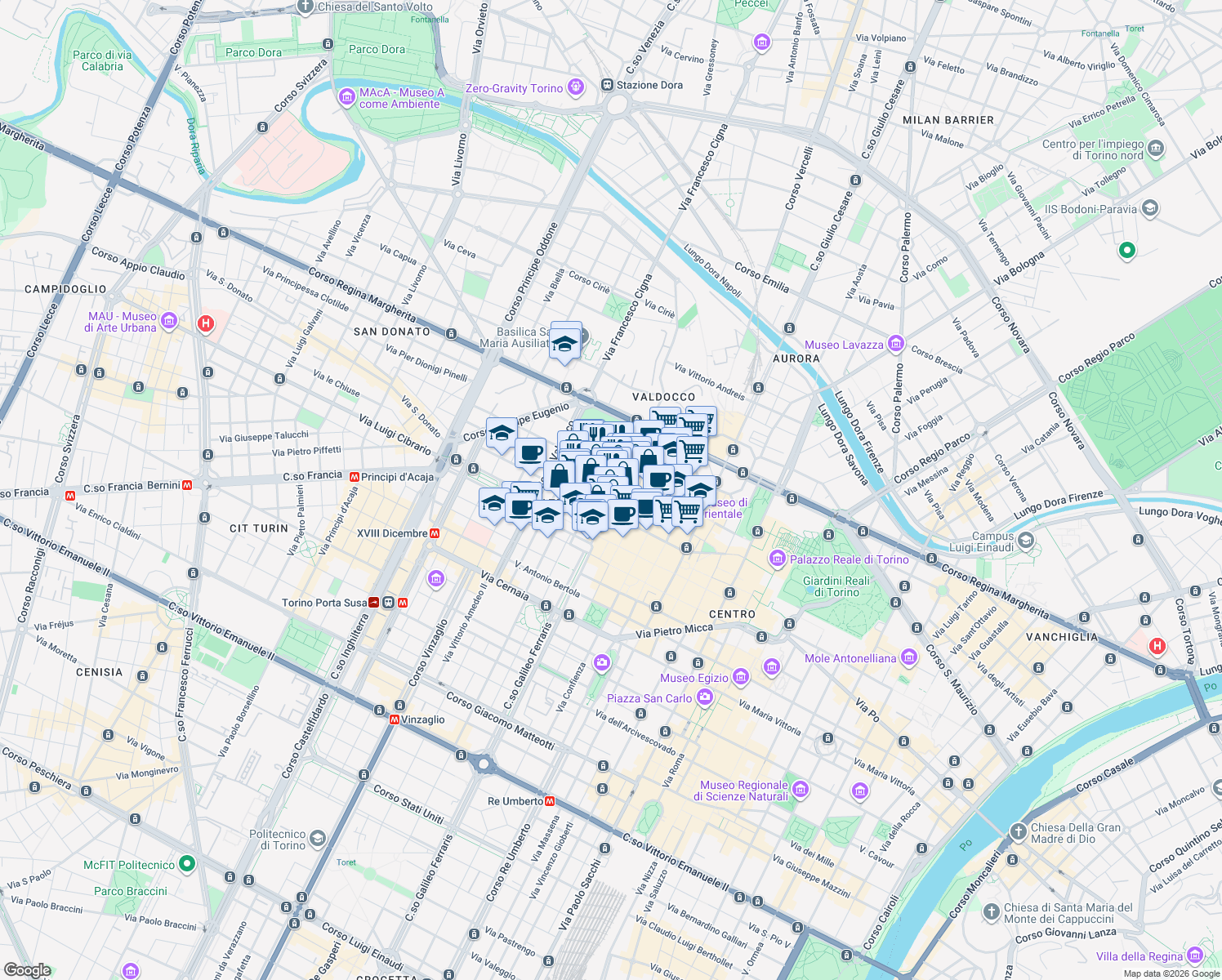 map of restaurants, bars, coffee shops, grocery stores, and more near 16 Via Piave in Torino