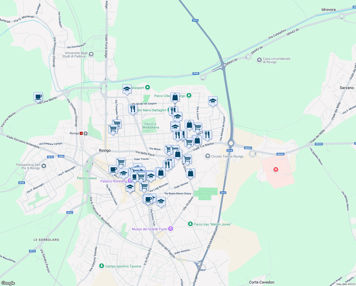 map of restaurants, bars, coffee shops, grocery stores, and more near 5 Via Gino Piva in Rovigo