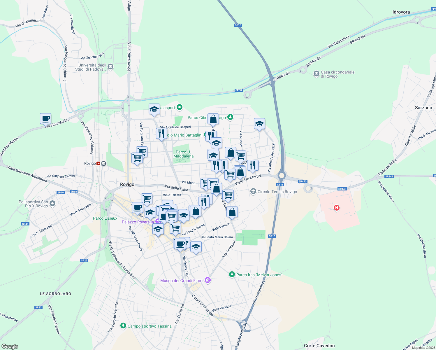 map of restaurants, bars, coffee shops, grocery stores, and more near 5 Via Gino Piva in Rovigo