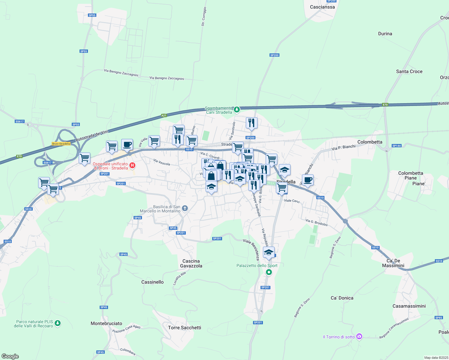 map of restaurants, bars, coffee shops, grocery stores, and more near 17 Piazza Vittorio Veneto in Stradella