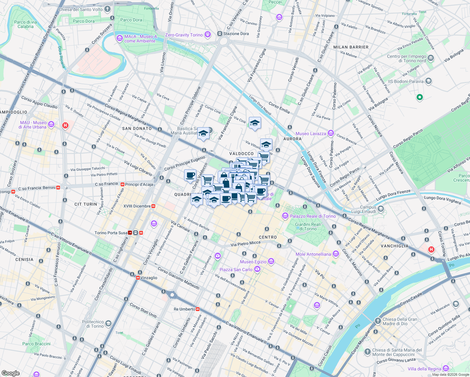 map of restaurants, bars, coffee shops, grocery stores, and more near 1880 Via delle Orfane in Torino