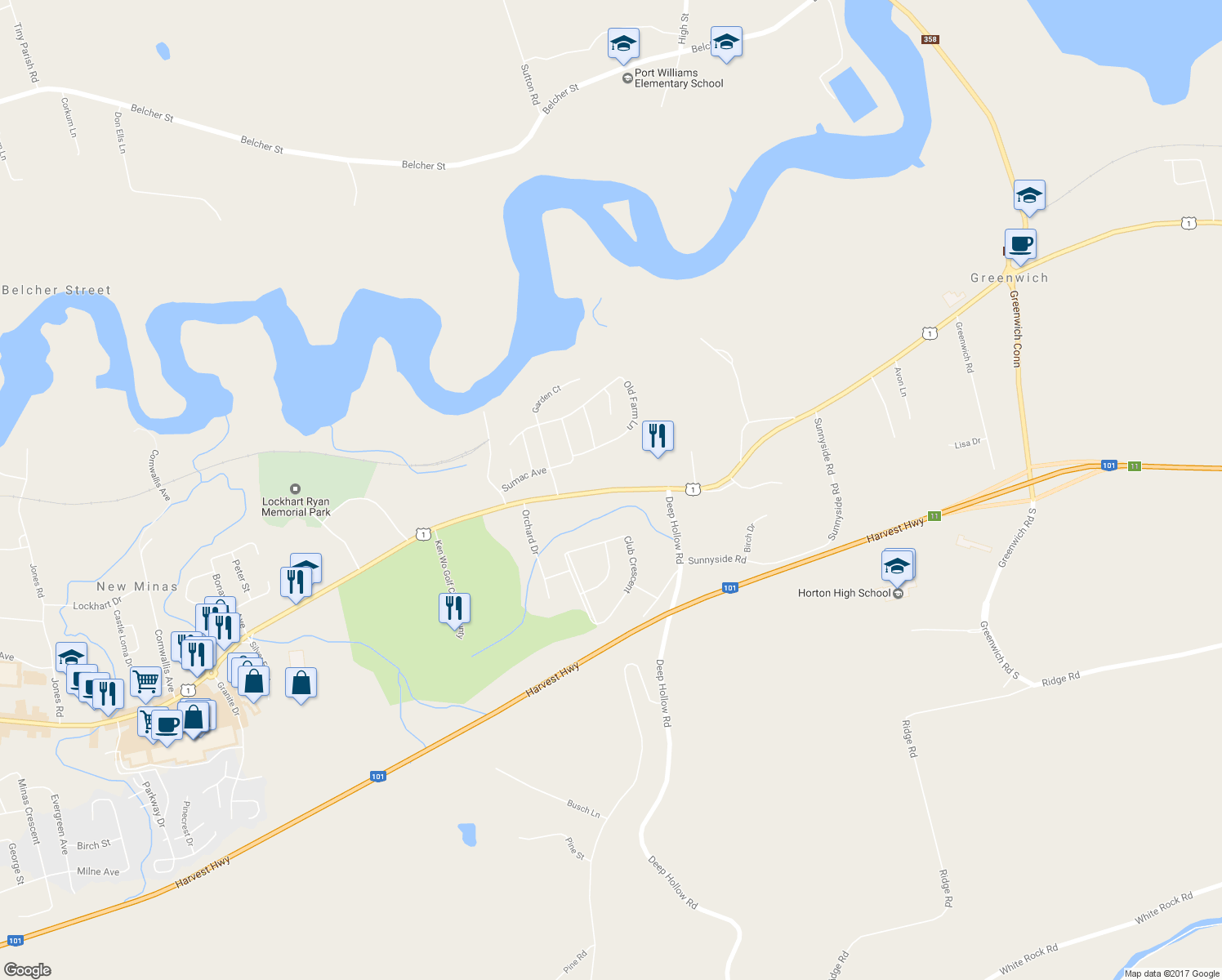 map of restaurants, bars, coffee shops, grocery stores, and more near 9659 Commercial Street in Kings County