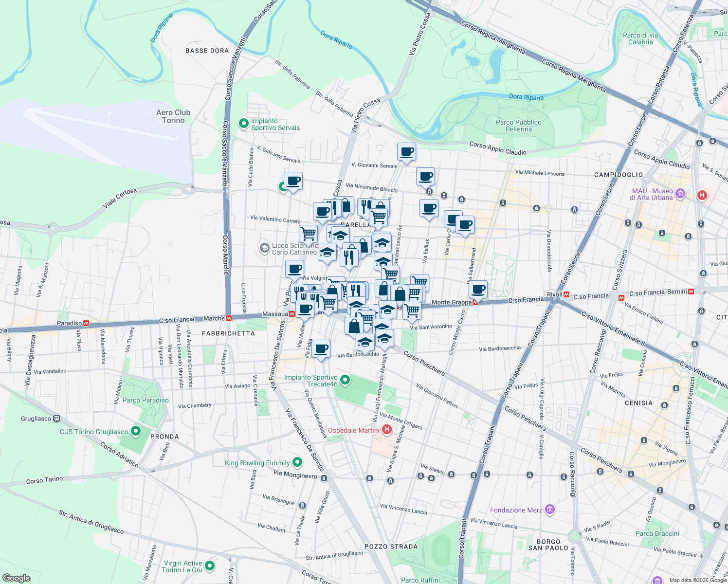 map of restaurants, bars, coffee shops, grocery stores, and more near Piazza del Monastero in Torino