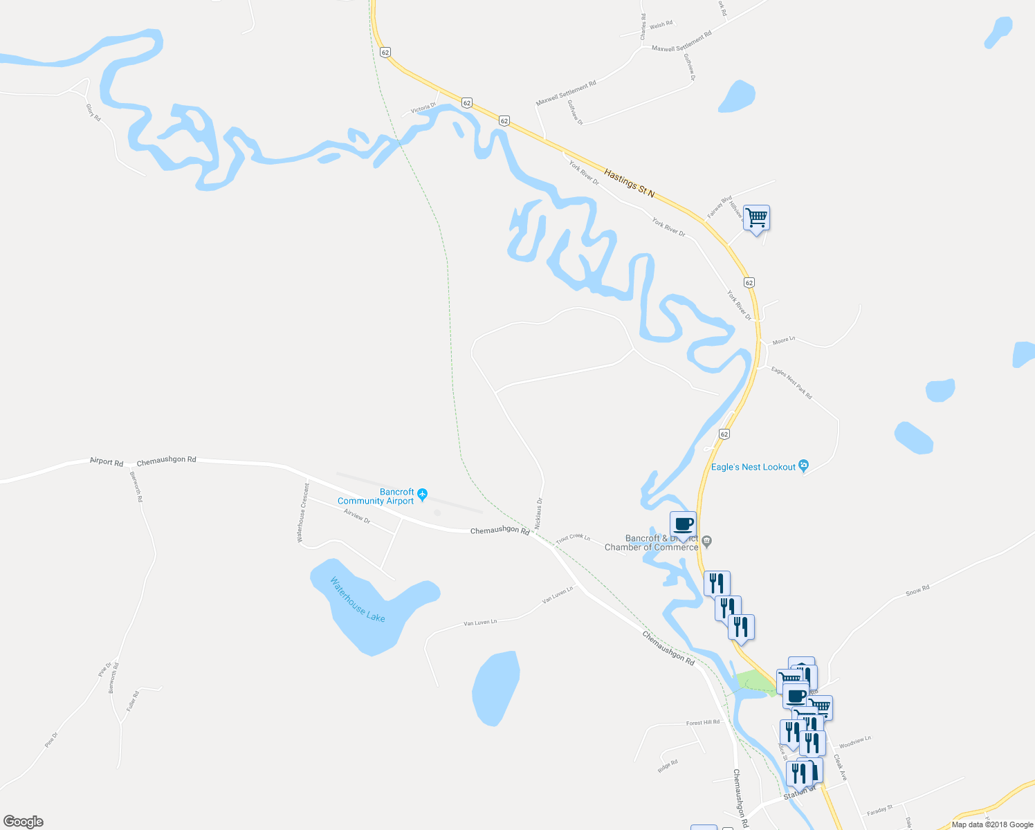 map of restaurants, bars, coffee shops, grocery stores, and more near 48 Nicklaus Drive in Bancroft