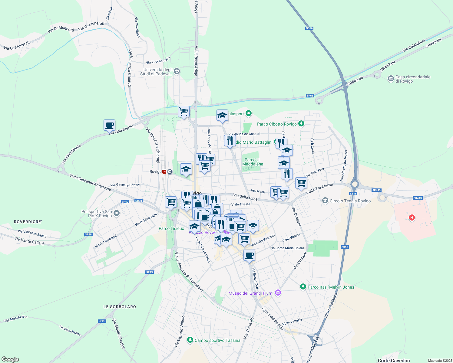 map of restaurants, bars, coffee shops, grocery stores, and more near 32 Viale Benvenuto Tisi da Garofolo in Rovigo