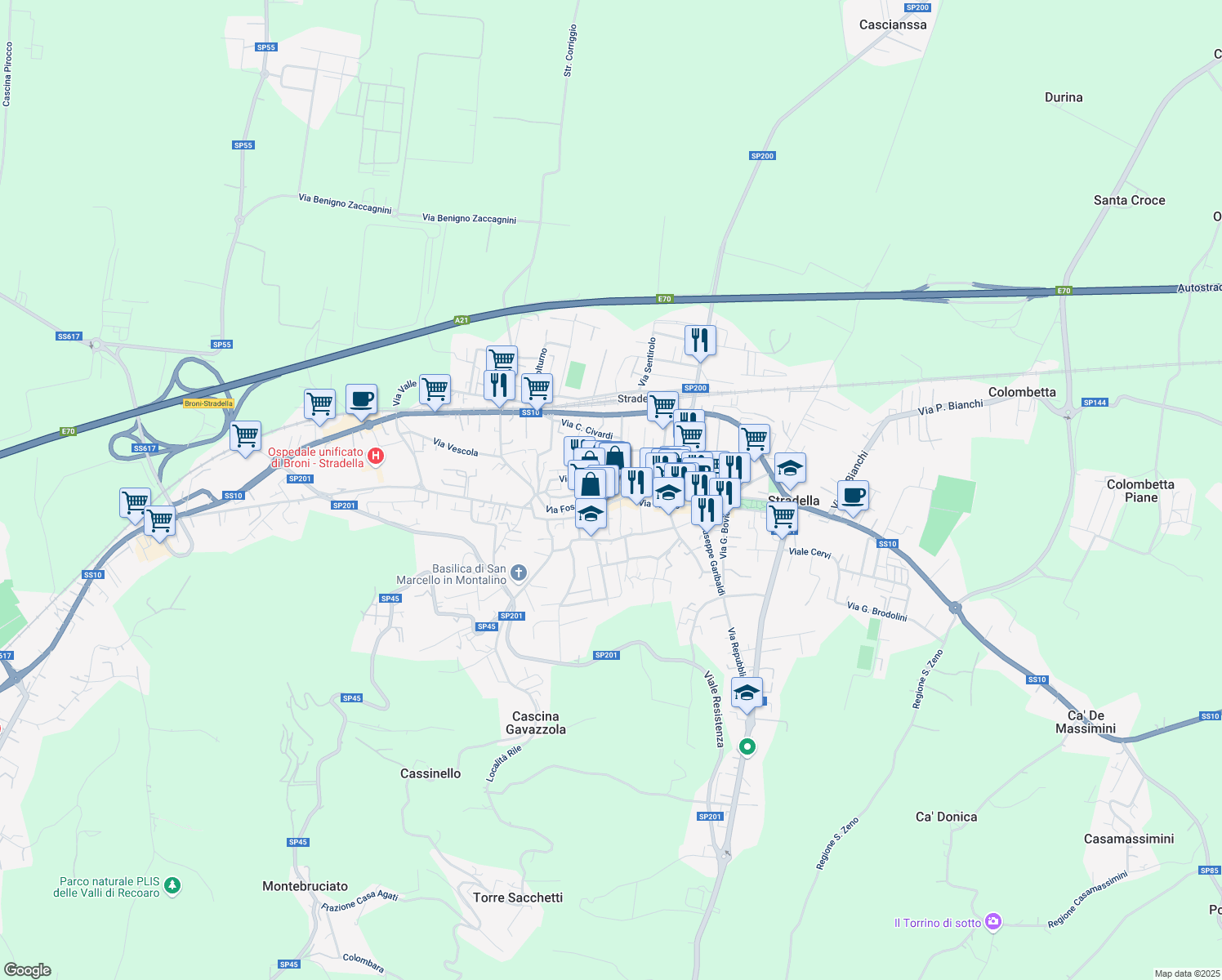 map of restaurants, bars, coffee shops, grocery stores, and more near 17 Piazza Vittorio Veneto in Stradella