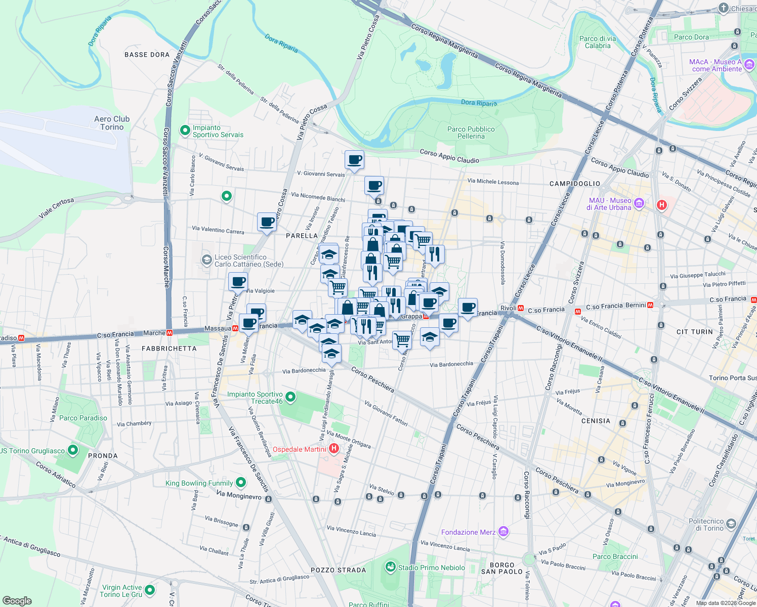 map of restaurants, bars, coffee shops, grocery stores, and more near 29 Via Valgioie in Turin