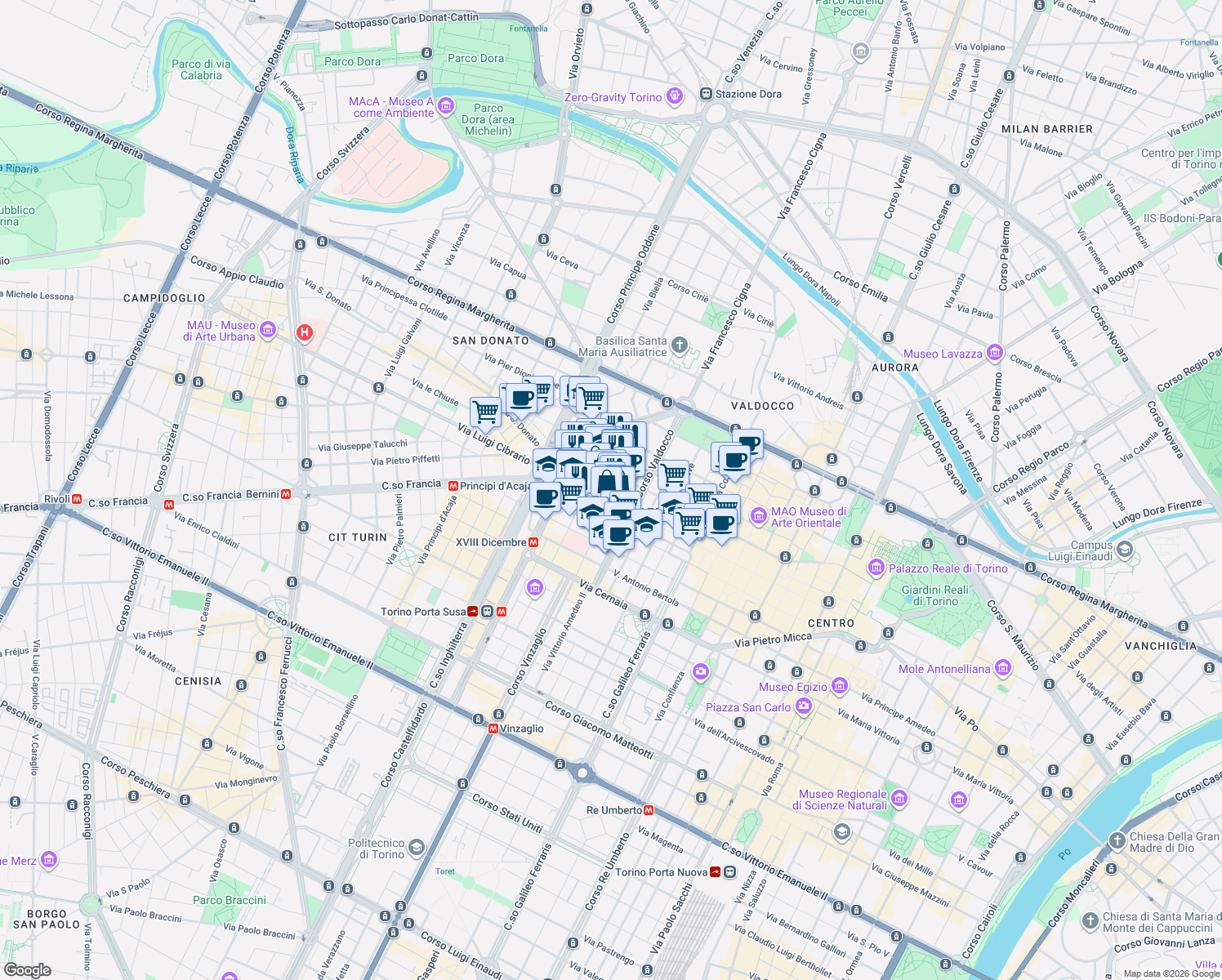 map of restaurants, bars, coffee shops, grocery stores, and more near 21 Via del Carmine in Torino