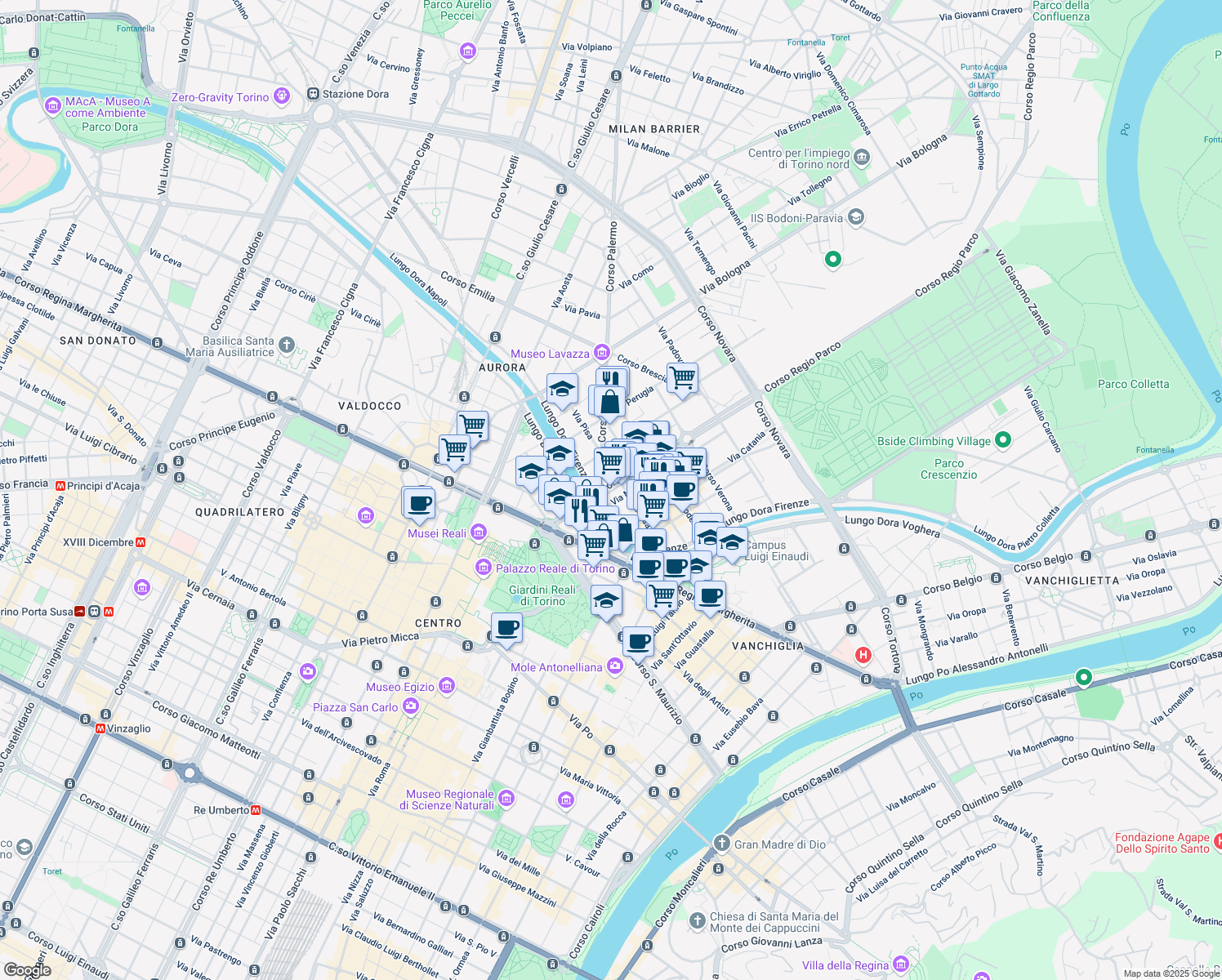 map of restaurants, bars, coffee shops, grocery stores, and more near 32 Via Pisa in Torino