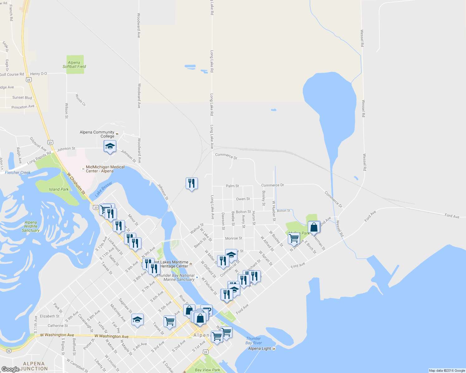 map of restaurants, bars, coffee shops, grocery stores, and more near 600 Beebe Street in Alpena