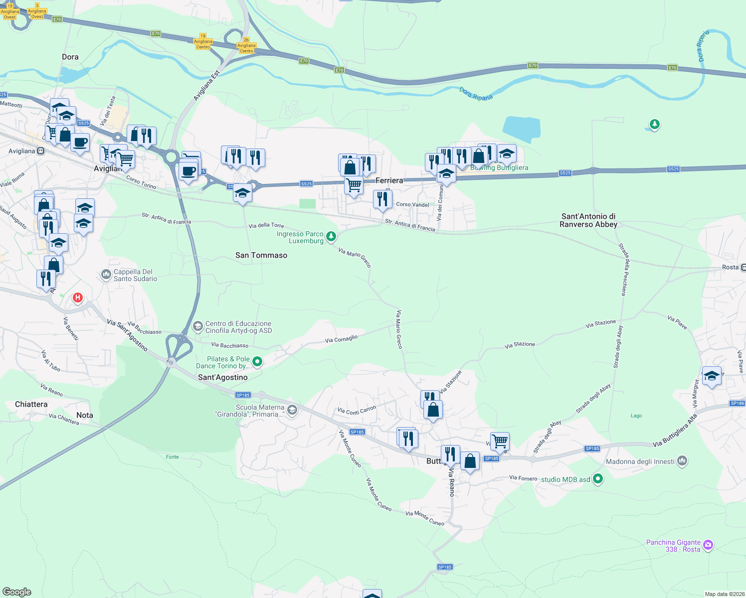 map of restaurants, bars, coffee shops, grocery stores, and more near 2 Strada del Picat in Buttigliera Alta