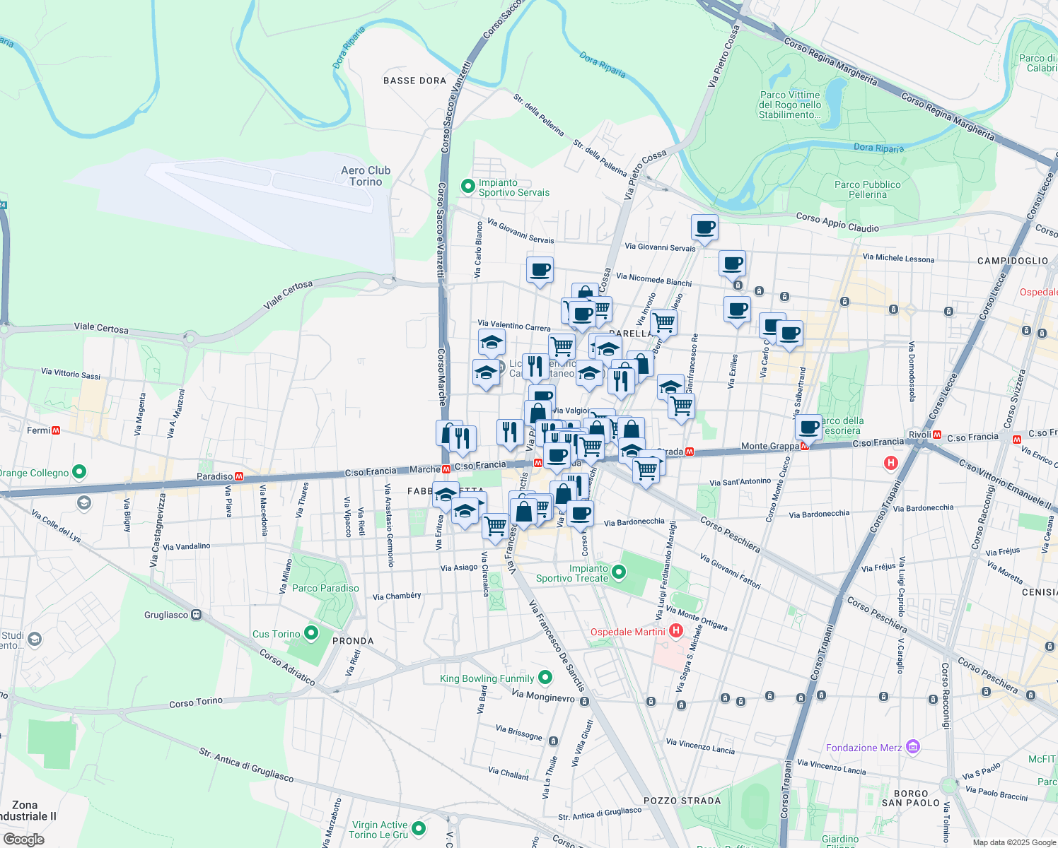 map of restaurants, bars, coffee shops, grocery stores, and more near 17 Via Pietro Cossa in Torino