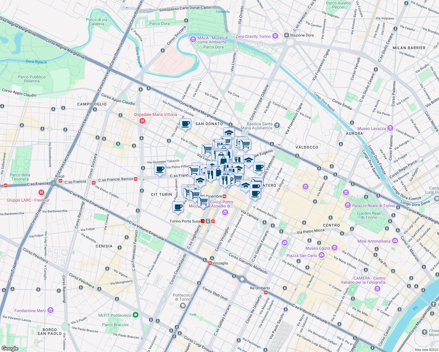 map of restaurants, bars, coffee shops, grocery stores, and more near 8 Via Carlo Boucheron in Torino