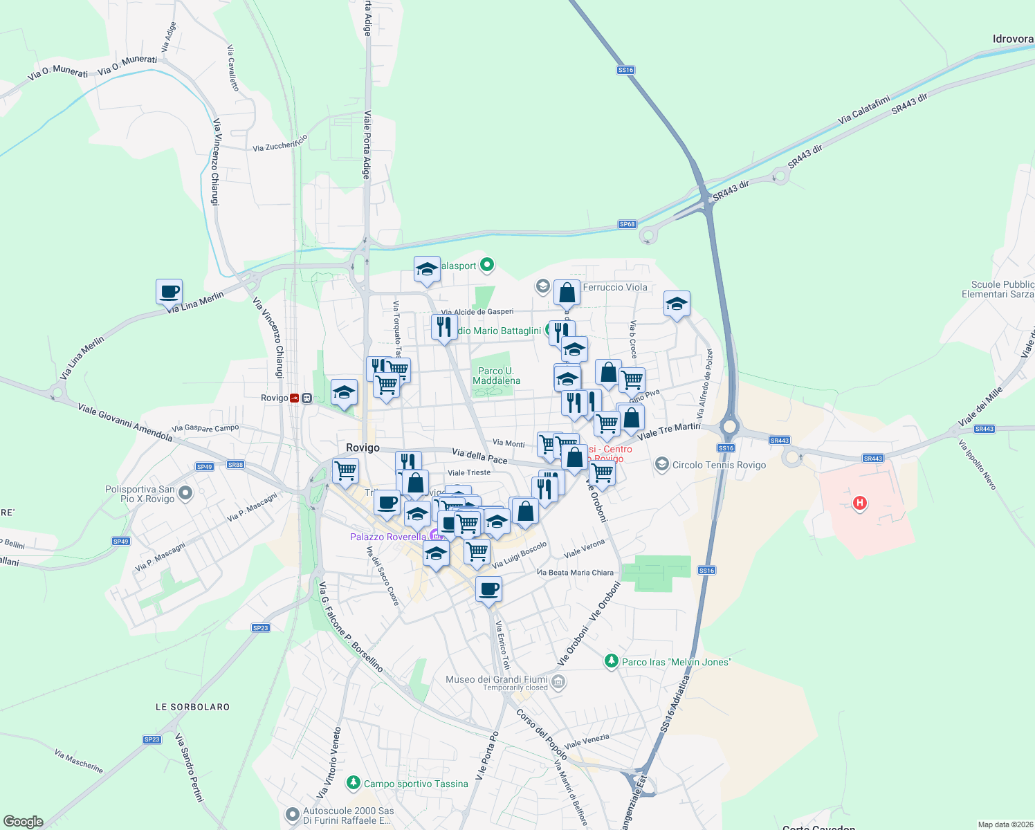 map of restaurants, bars, coffee shops, grocery stores, and more near Via G. Vittorio Frassinella in Rovigo