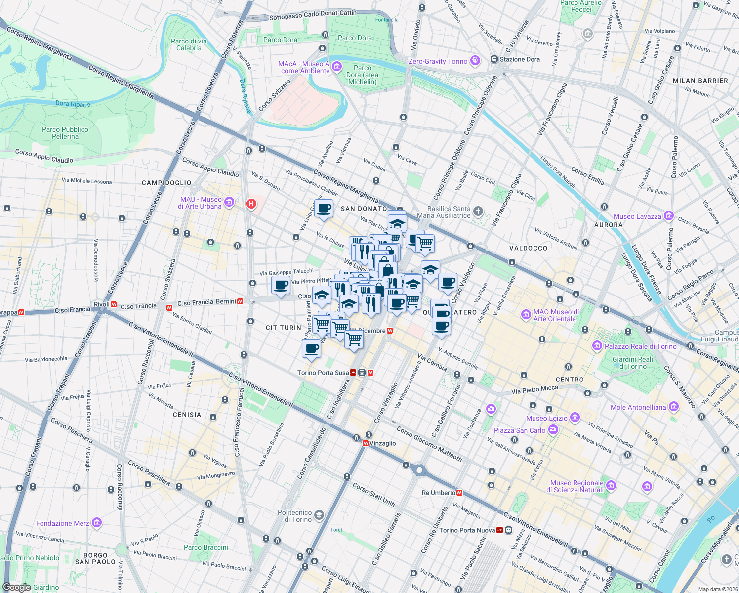 map of restaurants, bars, coffee shops, grocery stores, and more near 5 Corso Francia in Turin