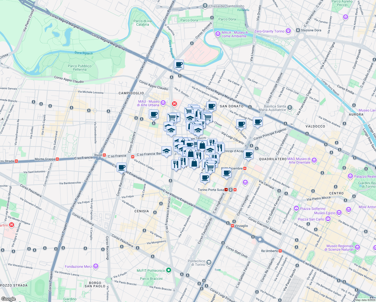 map of restaurants, bars, coffee shops, grocery stores, and more near 56-58 Corso Francia in Torino