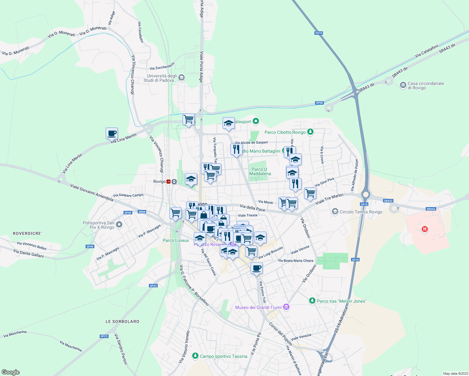 map of restaurants, bars, coffee shops, grocery stores, and more near 32 Viale Benvenuto Tisi da Garofolo in Rovigo