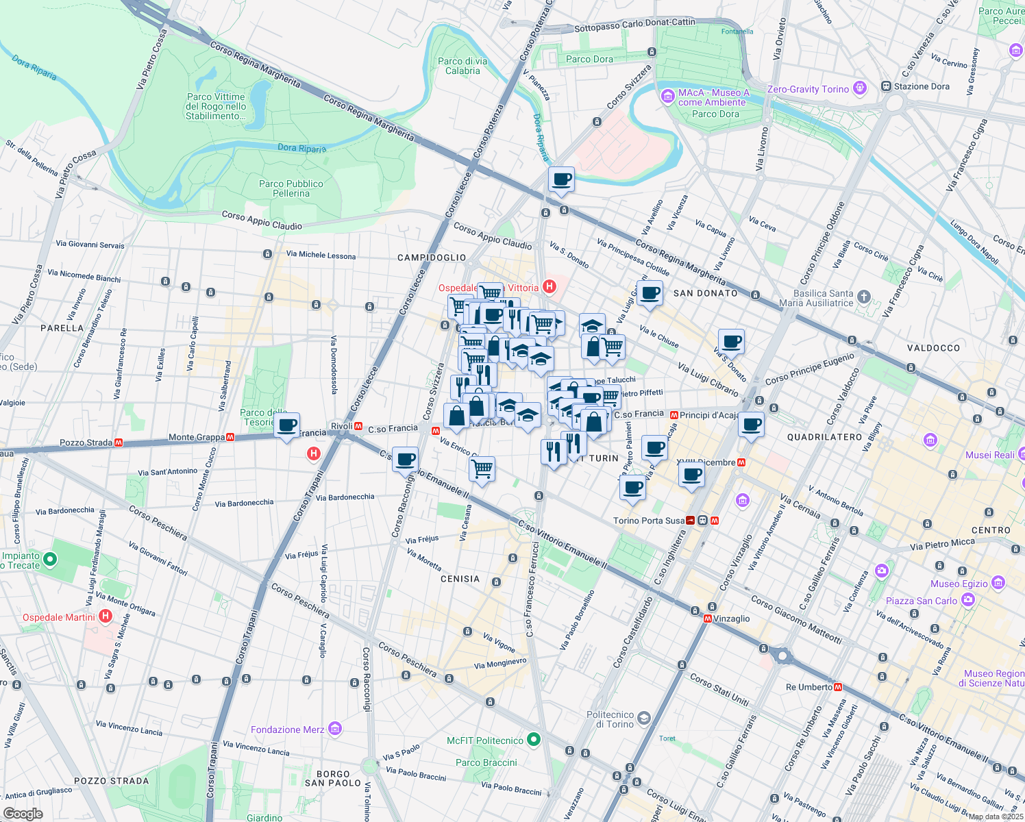 map of restaurants, bars, coffee shops, grocery stores, and more near 5 Via Giacomo Medici in Turin