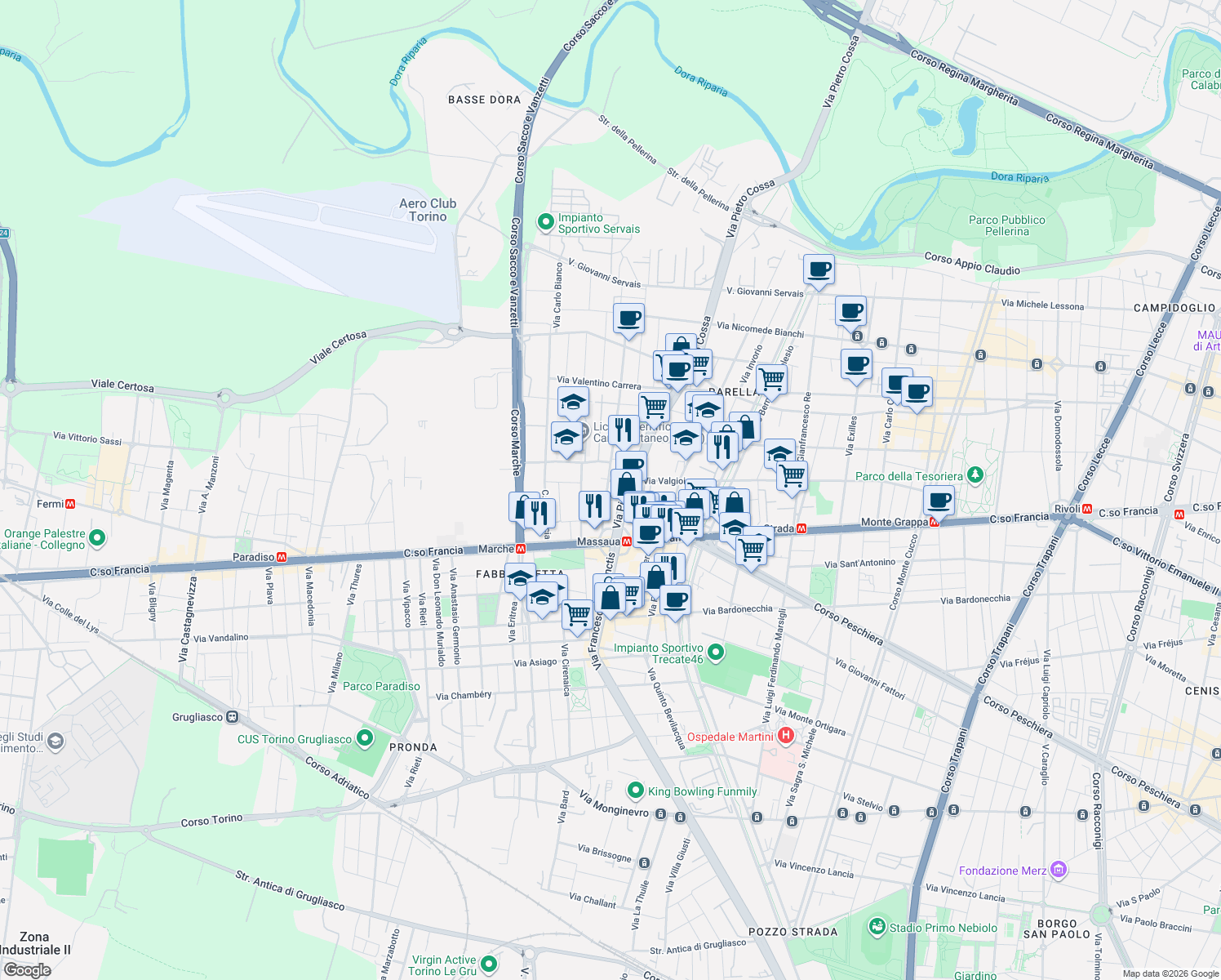 map of restaurants, bars, coffee shops, grocery stores, and more near 23 Via Pietro Cossa in Torino