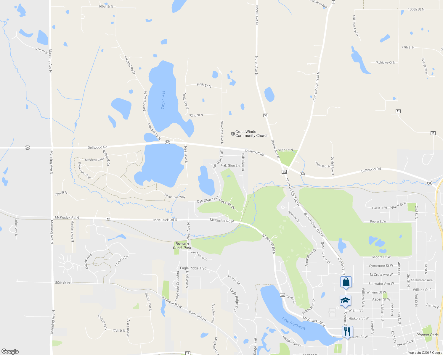 map of restaurants, bars, coffee shops, grocery stores, and more near 2151 Oak Glen Trail in Stillwater