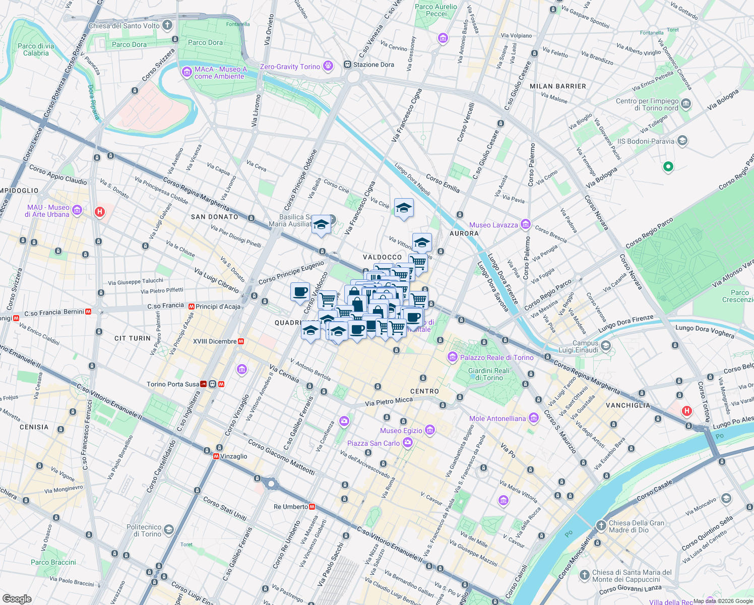 map of restaurants, bars, coffee shops, grocery stores, and more near 1880 Via delle Orfane in Torino