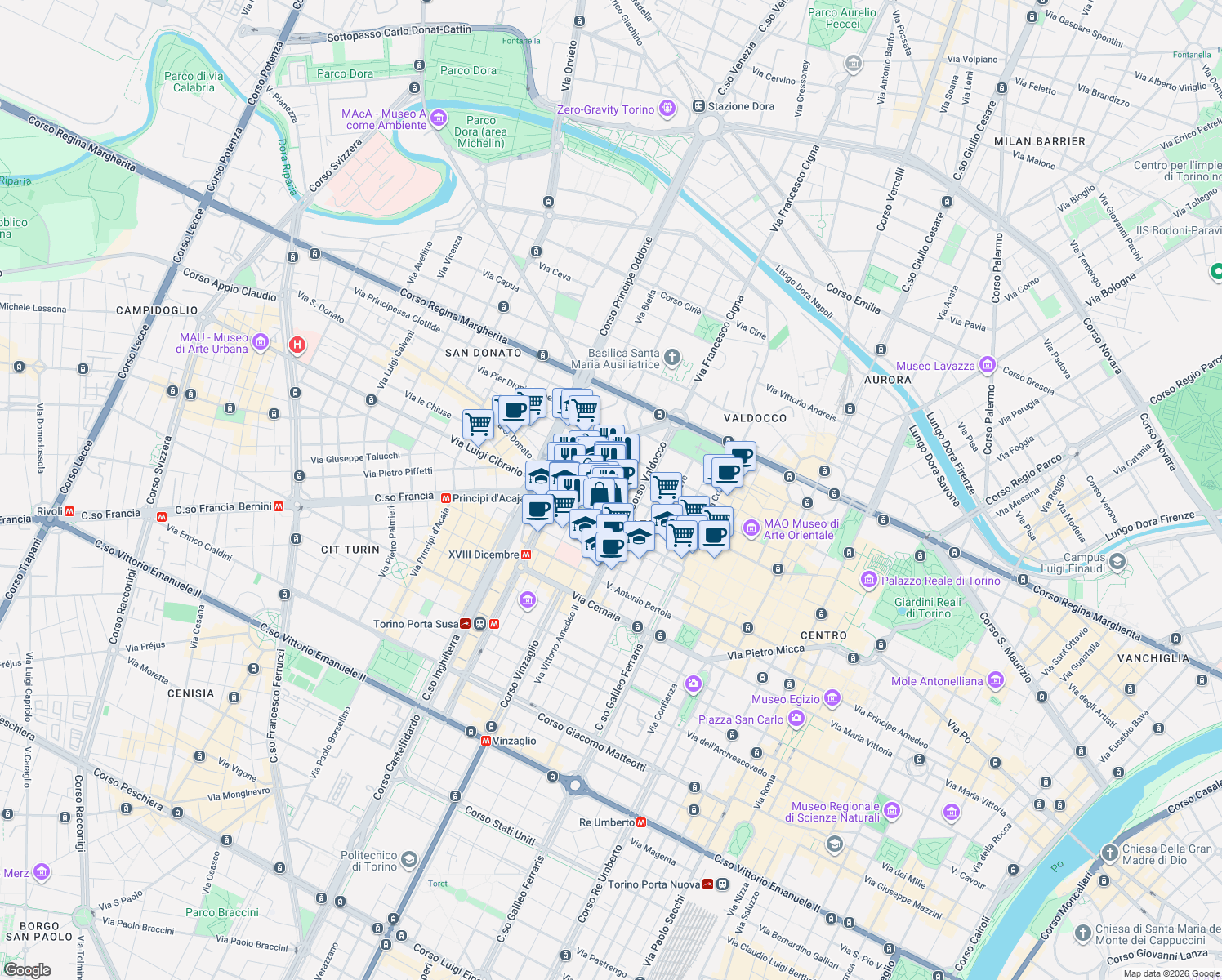 map of restaurants, bars, coffee shops, grocery stores, and more near 21 Via del Carmine in Torino