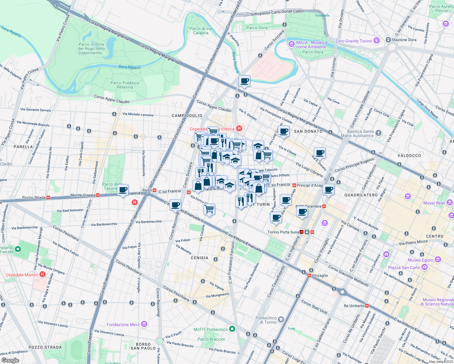 map of restaurants, bars, coffee shops, grocery stores, and more near 5 Via Giacomo Medici in Turin
