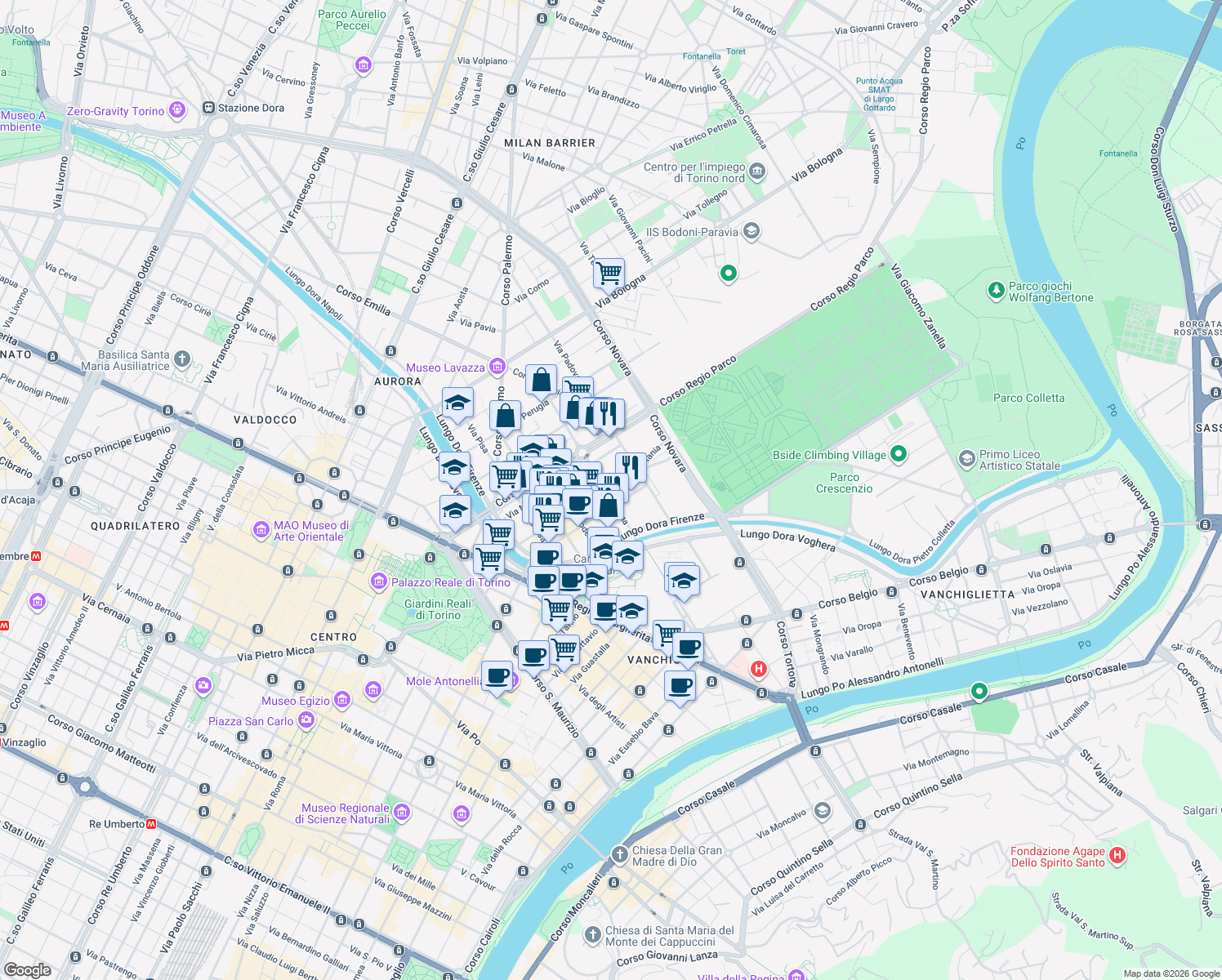 map of restaurants, bars, coffee shops, grocery stores, and more near 32 Via Catania in Torino