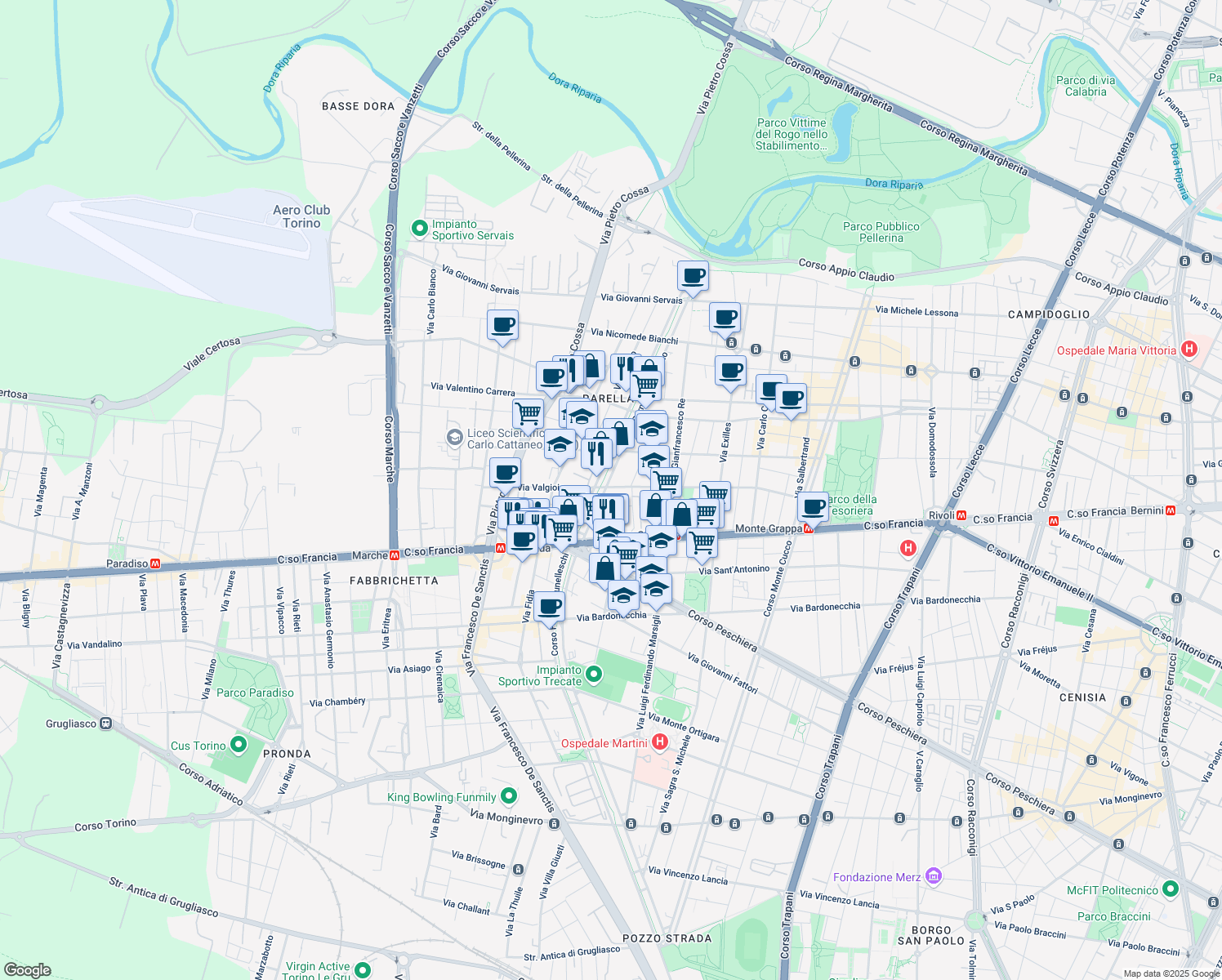 map of restaurants, bars, coffee shops, grocery stores, and more near 89 Via Valgioie in Torino