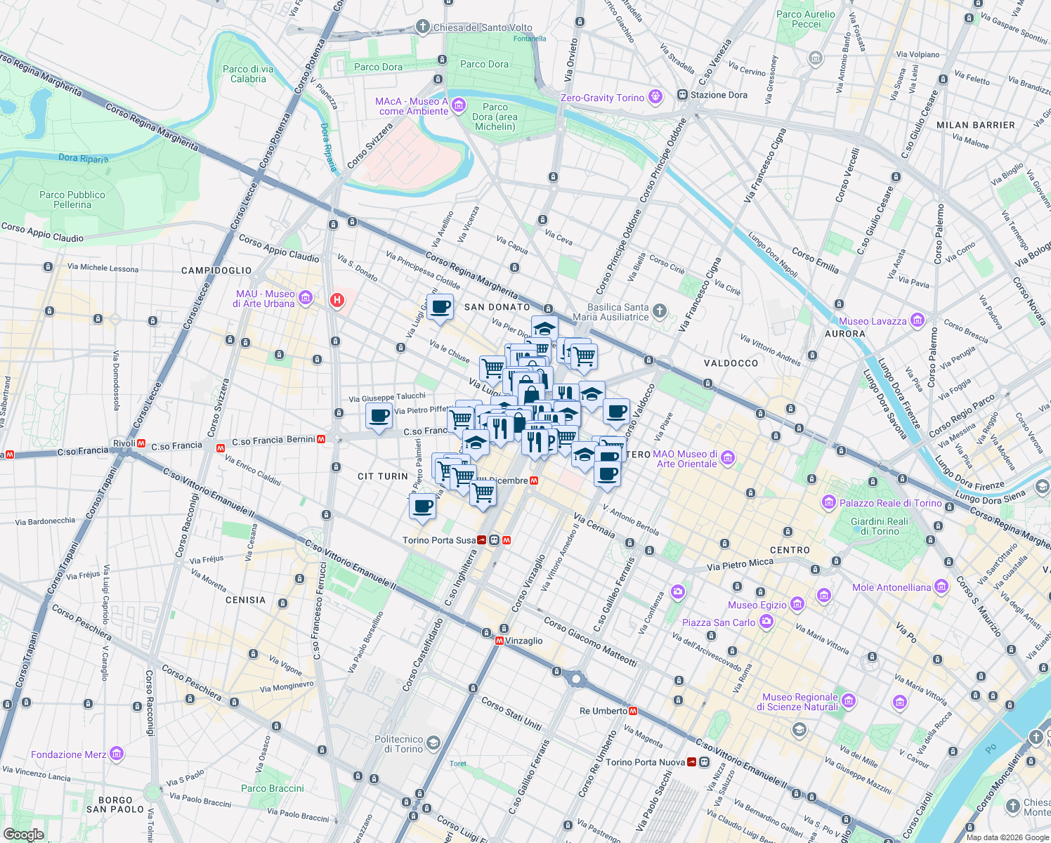 map of restaurants, bars, coffee shops, grocery stores, and more near 8B Via Carlo Boucheron in Torino