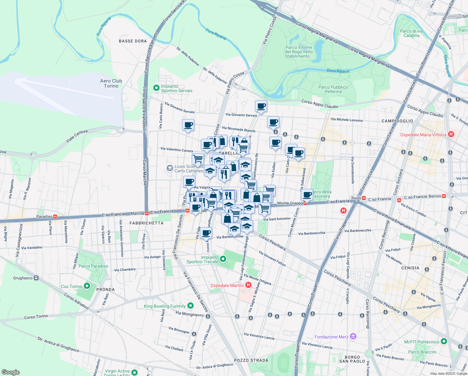 map of restaurants, bars, coffee shops, grocery stores, and more near 89 Via Valgioie in Torino