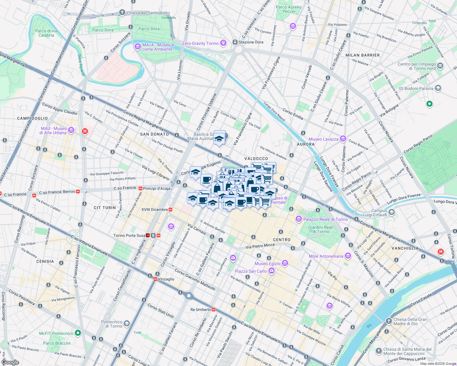 map of restaurants, bars, coffee shops, grocery stores, and more near 16 Via Piave in Torino