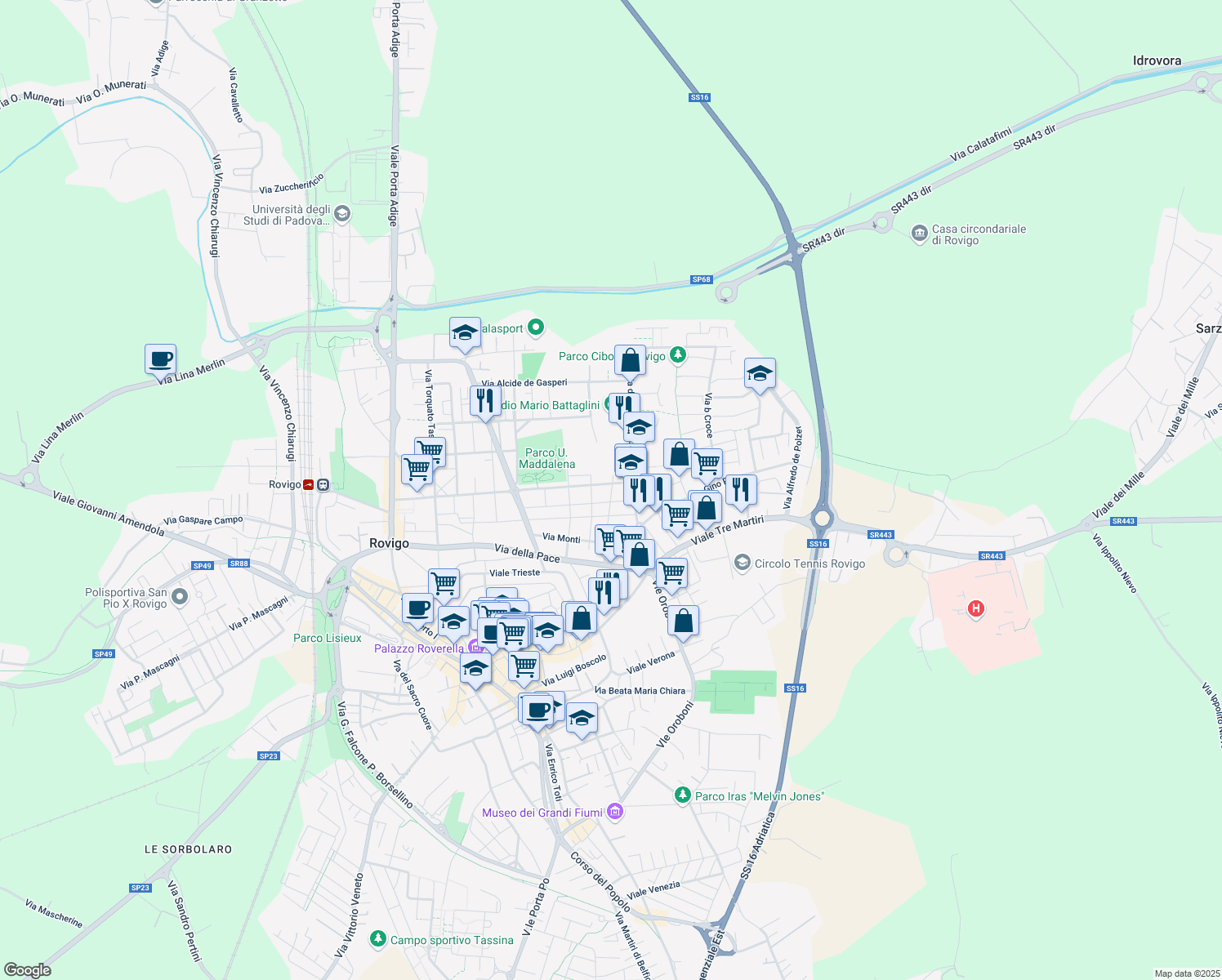 map of restaurants, bars, coffee shops, grocery stores, and more near 33 Via della Costituzione in Rovigo